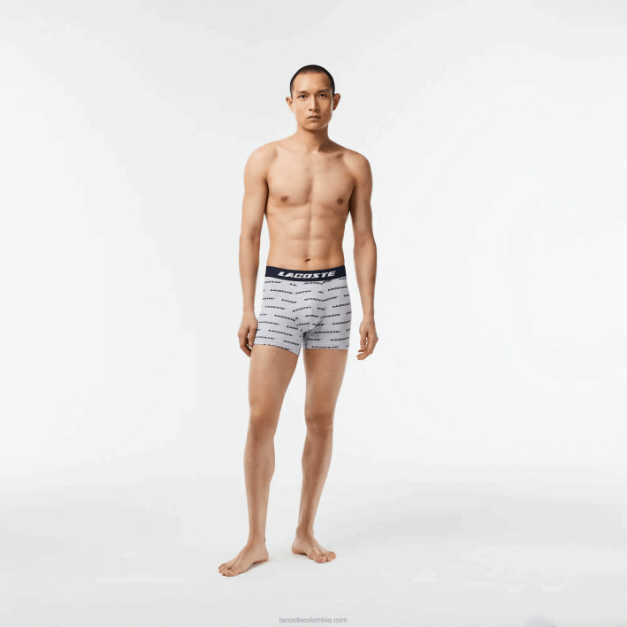 hombres Lacoste 6F24446 gris chino azul marino 9zu Pack de 3 bóxers de punto con logo estampado