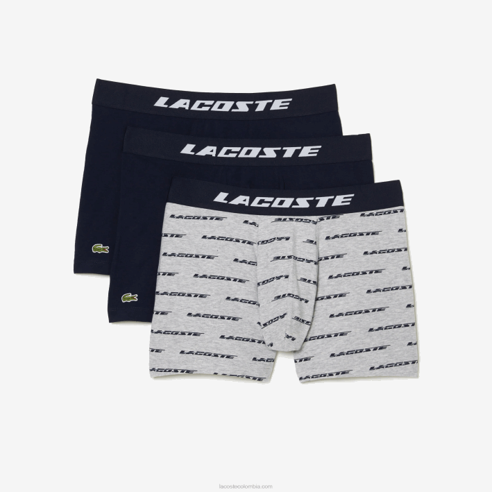 hombres Lacoste 6F24446 gris chino azul marino 9zu Pack de 3 bóxers de punto con logo estampado