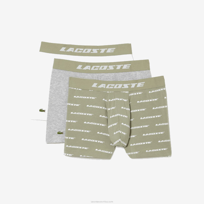 hombres Lacoste 6F24447 caqui verde gris lomo gc9 Pack de 3 bóxers de punto con logo estampado