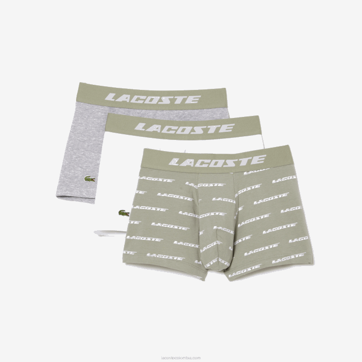 hombres Lacoste 6F24467 caqui verde gris lomo gc9 Pack de 3 calzoncillos con cintura en contraste