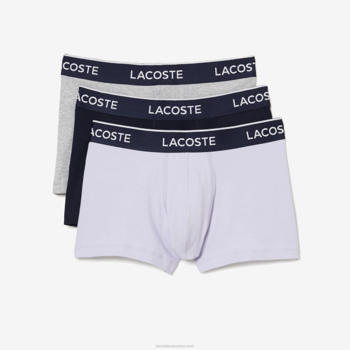 hombres Lacoste 6F24482 morado azul marino gris chine ggj calzoncillos tipo bóxer informales, paquete de 3
