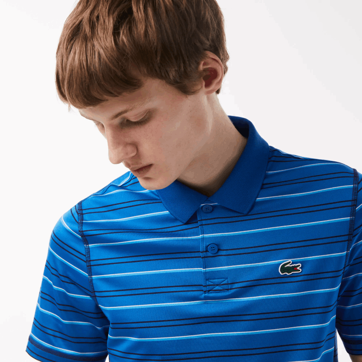 hombres Lacoste 6F24115 azul marino blanco xip polo de rayas de poliéster reciclado de golf