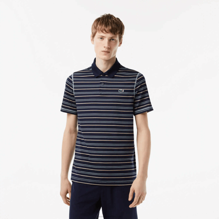 hombres Lacoste 6F24116 azul marino verde blanco beige yie polo de rayas de poliéster reciclado de golf