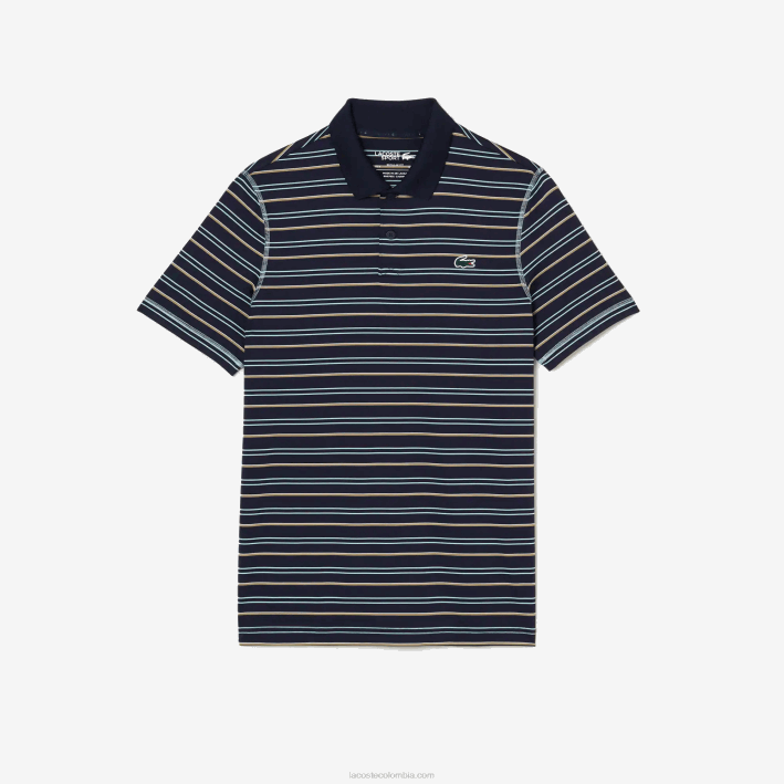 hombres Lacoste 6F24116 azul marino verde blanco beige yie polo de rayas de poliéster reciclado de golf