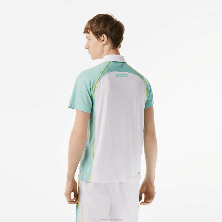 hombres Lacoste 6F24137 blanco verde claro amarillo awc polo de tenis de poliéster reciclado con tecnología ultra-dry