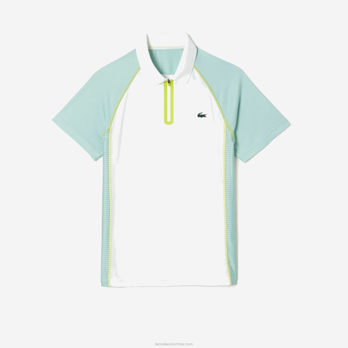 hombres Lacoste 6F24137 blanco verde claro amarillo awc polo de tenis de poliéster reciclado con tecnología ultra-dry