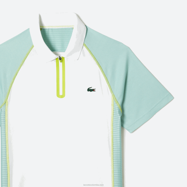 hombres Lacoste 6F24137 blanco verde claro amarillo awc polo de tenis de poliéster reciclado con tecnología ultra-dry
