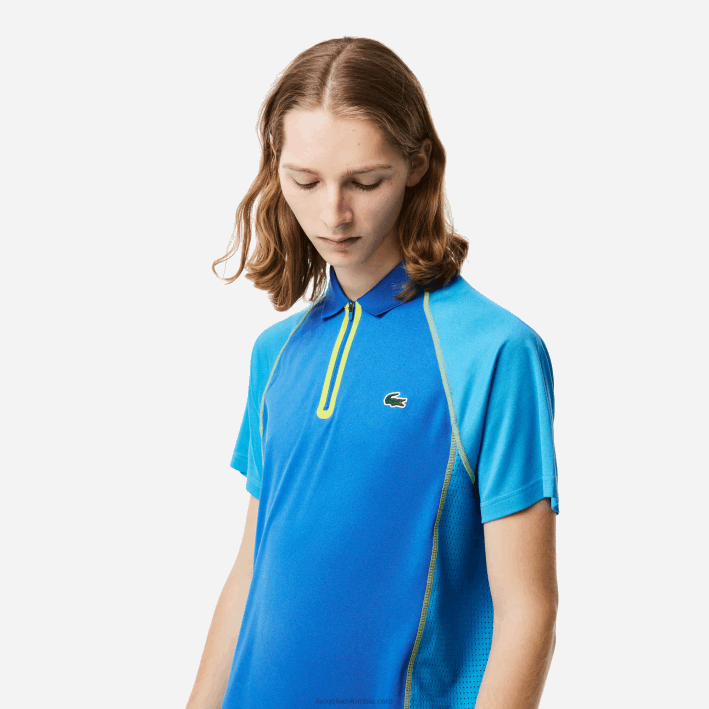 hombres Lacoste 6F24138 azul amarillo aw9 polo de tenis de poliéster reciclado con tecnología ultra-dry