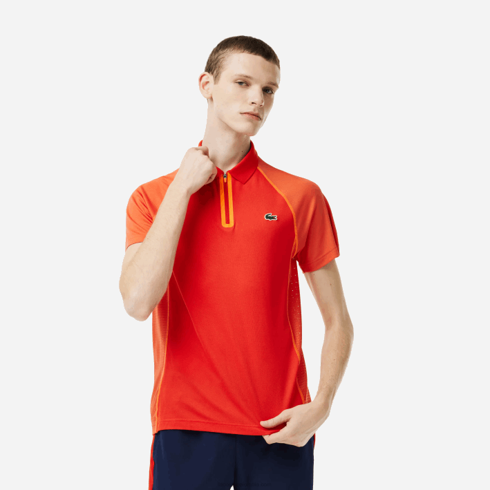 hombres Lacoste 6F24139 xim naranja rojo polo de tenis de poliéster reciclado con tecnología ultra-dry