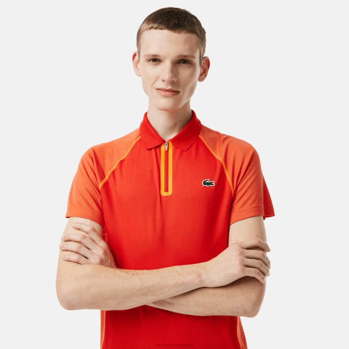 hombres Lacoste 6F24139 xim naranja rojo polo de tenis de poliéster reciclado con tecnología ultra-dry