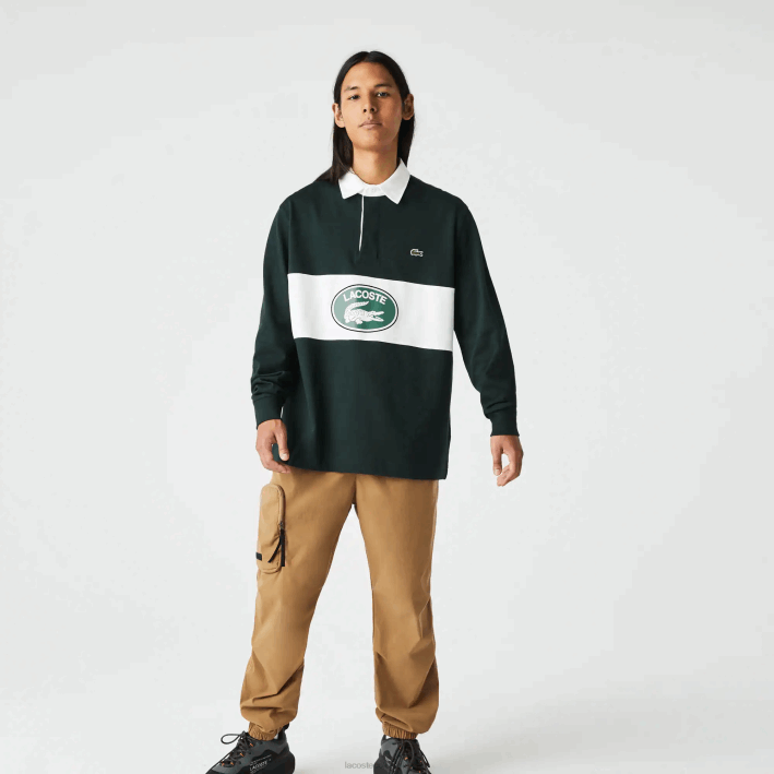 hombres Lacoste 6F241687 yzp verde polo de rugby holgado con logo