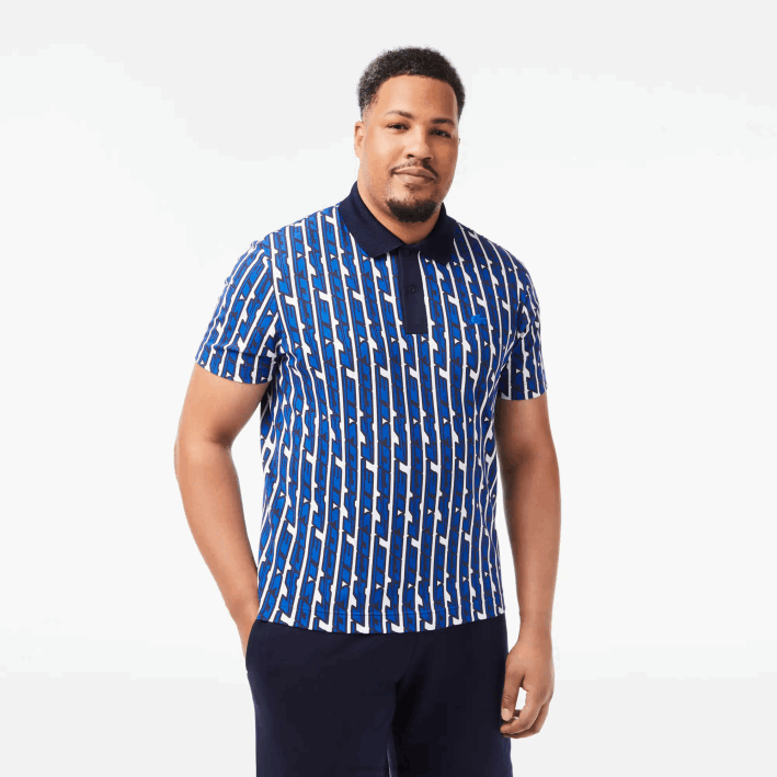hombres Lacoste 6F244 blanco azul cualquiera polo con estampado de movimiento activo en dos tonos