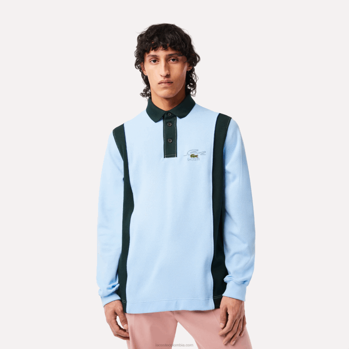 hombres Lacoste 6F24544 azul verde fl3 camiseta de rugby de algodón orgánico de manga larga