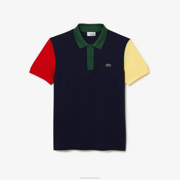 hombres Lacoste 6F24558 azul marino rojo amarillo verde 821 polo de petit piqué de algodón con bloques de color de corte regular