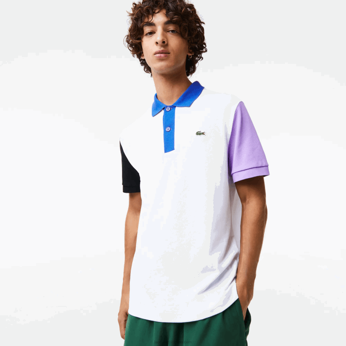 hombres Lacoste 6F24559 blanco negro violeta azul luc polo de petit piqué de algodón con bloques de color de corte regular