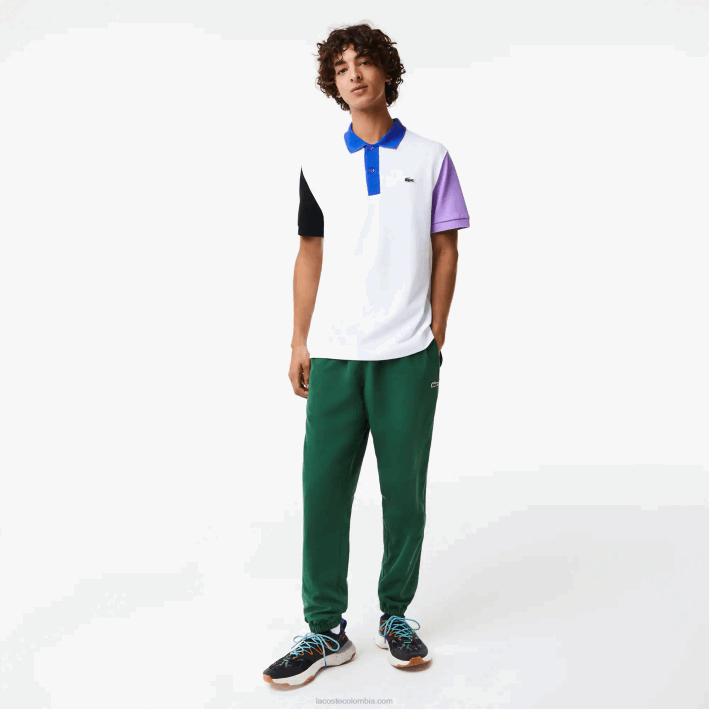 hombres Lacoste 6F24559 blanco negro violeta azul luc polo de petit piqué de algodón con bloques de color de corte regular