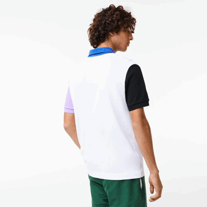 hombres Lacoste 6F24559 blanco negro violeta azul luc polo de petit piqué de algodón con bloques de color de corte regular