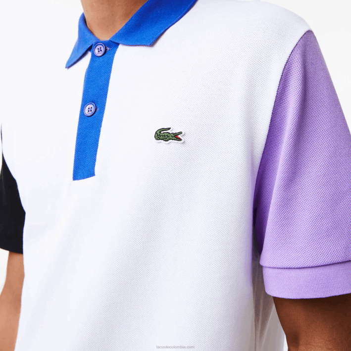 hombres Lacoste 6F24559 blanco negro violeta azul luc polo de petit piqué de algodón con bloques de color de corte regular