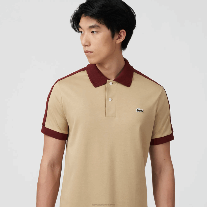 hombres Lacoste 6F24580 beige 02s polo de ajuste clásico con cuello en contraste