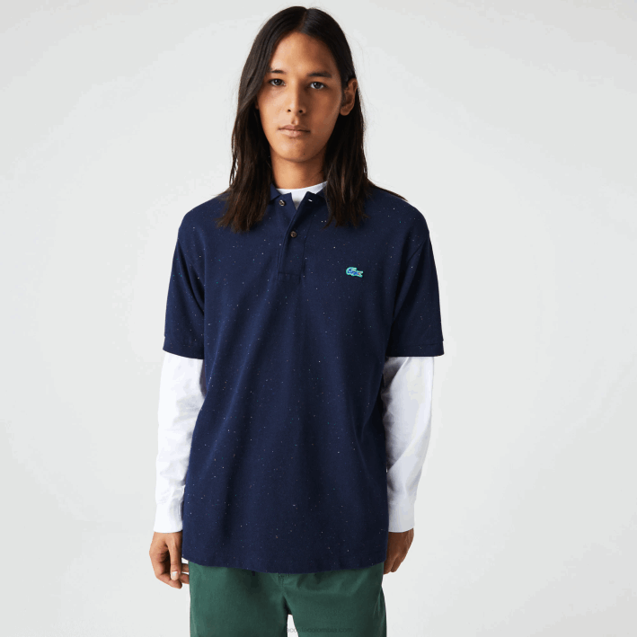 hombres Lacoste 6F24591 azul marino 7cg polo de corte clásico en piqué de algodón con estampado moteado