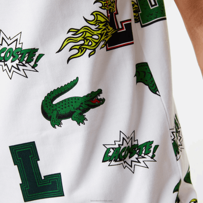 hombres Lacoste 6F24630 blanco sbh polo de corte regular con estampado de cocodrilo