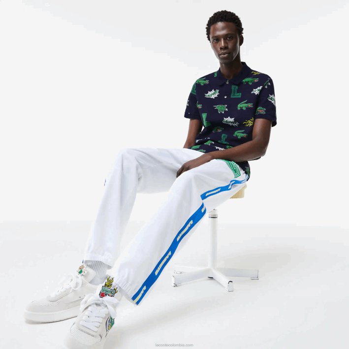 hombres Lacoste 6F24631 azul marino blanco qrn polo de corte regular con estampado de cocodrilo