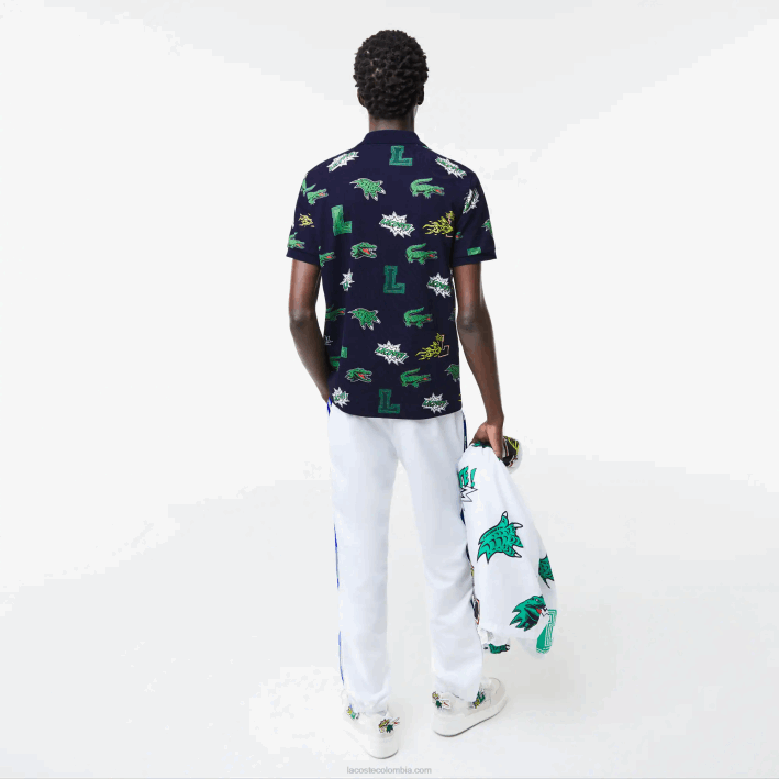 hombres Lacoste 6F24631 azul marino blanco qrn polo de corte regular con estampado de cocodrilo