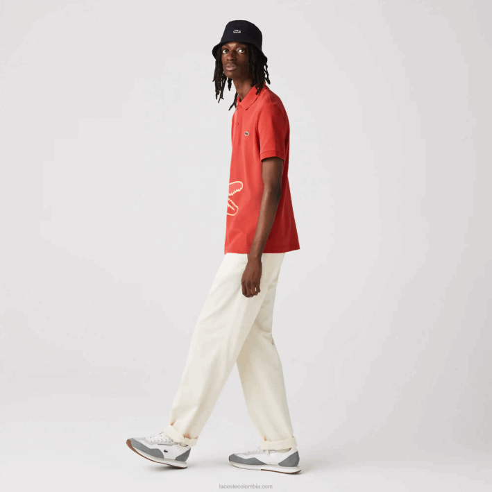 hombres Lacoste 6F24648 rojo 67g polo de corte regular en piqué de algodón con estampado de cocodrilo