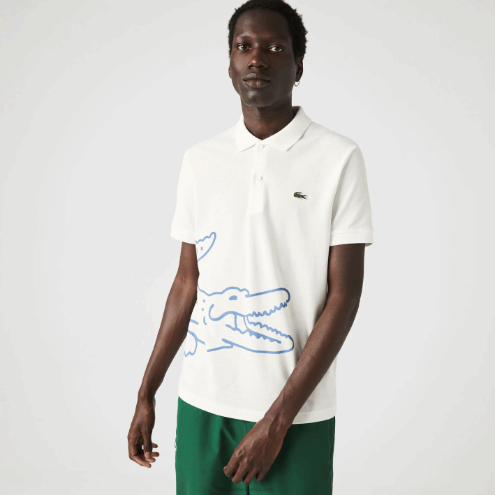 hombres Lacoste 6F24649 blanco 70v polo de corte regular en piqué de algodón con estampado de cocodrilo