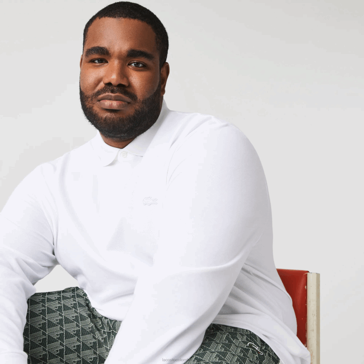 hombres Lacoste 6F24666 blanco 001 polo de piqué de algodón elástico de manga larga smart paris