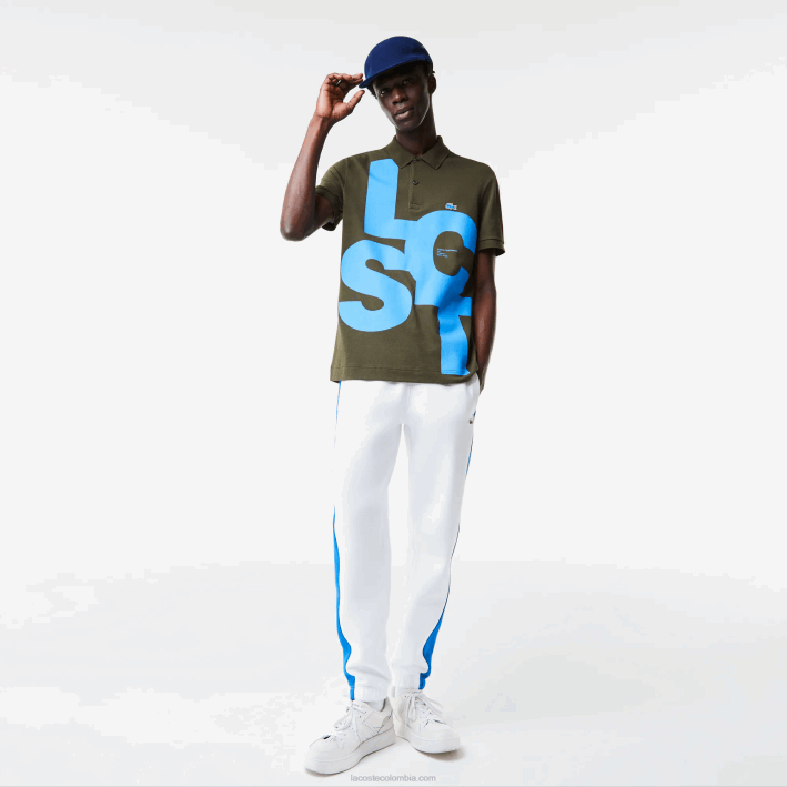 hombres Lacoste 6F24712 verde caqui s7t polo de petit piqué con letras en contraste de corte regular