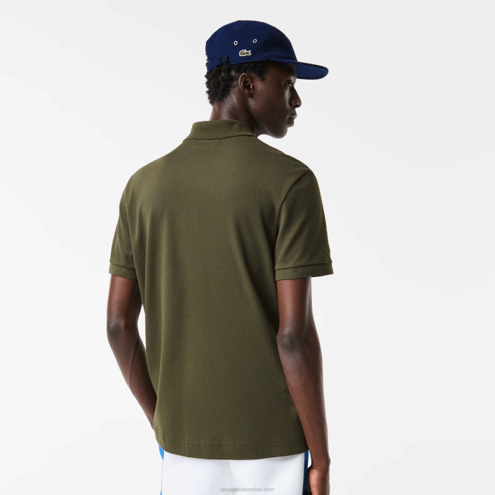 hombres Lacoste 6F24712 verde caqui s7t polo de petit piqué con letras en contraste de corte regular