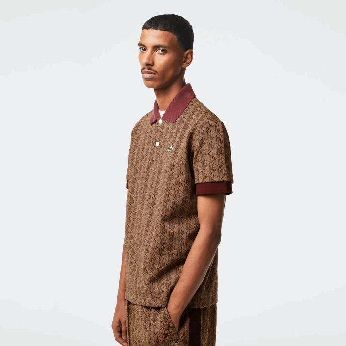 hombres Lacoste 6F2471 beige burdeos mkj polo de corte clásico con estampado de monograma