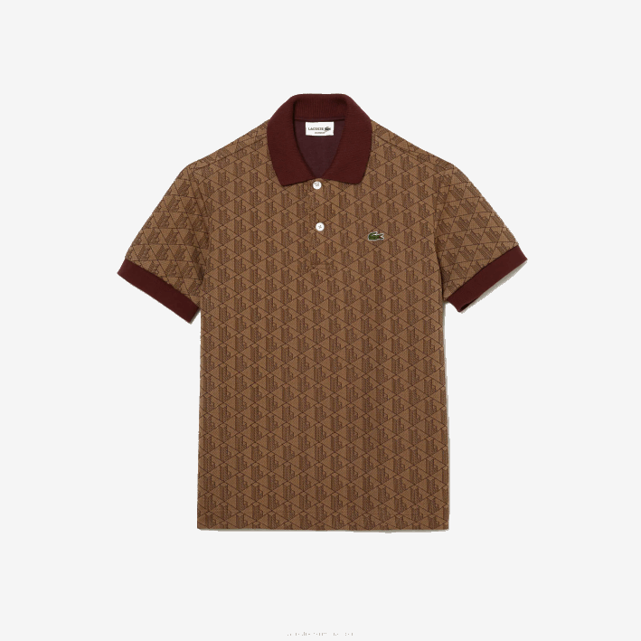 hombres Lacoste 6F2471 beige burdeos mkj polo de corte clásico con estampado de monograma