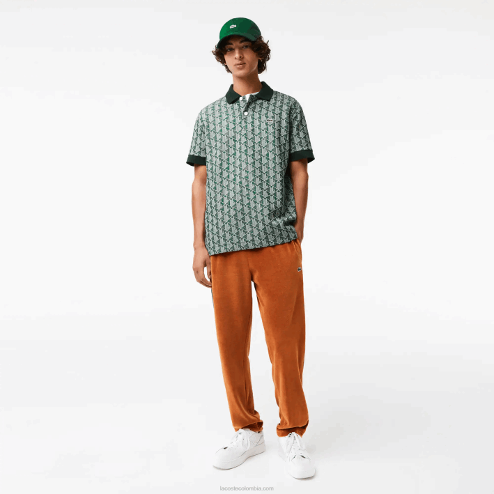 hombres Lacoste 6F2472 beige verde 7m4 polo de corte clásico con estampado de monograma