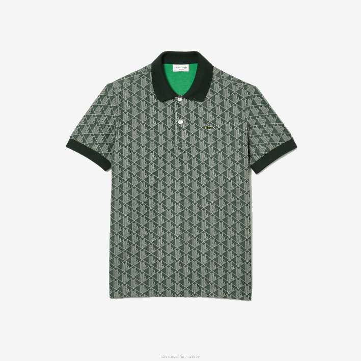 hombres Lacoste 6F2472 beige verde 7m4 polo de corte clásico con estampado de monograma