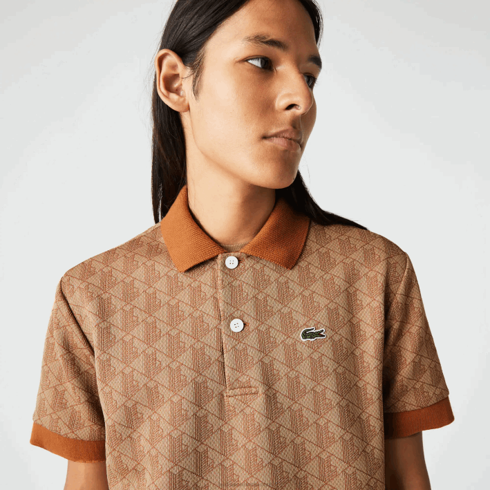 hombres Lacoste 6F2473 marrón beige zwm polo de corte clásico con estampado de monograma