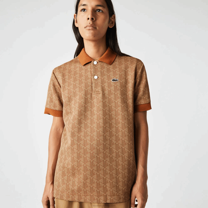 hombres Lacoste 6F2473 marrón beige zwm polo de corte clásico con estampado de monograma