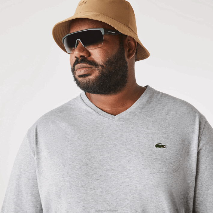 hombres Lacoste 6F24765 lomo gris cca polo de algodón con cuello de pico de canalé regular fit (talla grande)