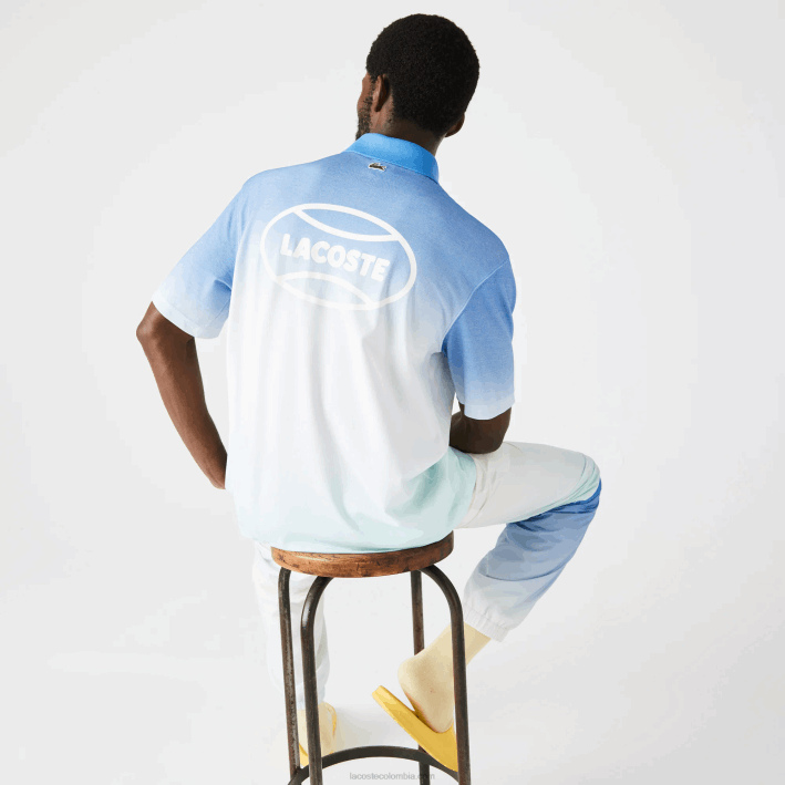 hombres Lacoste 6F24838 azul blanco turquesa 3ux polo live de corte holgado en algodón con estampado degradado