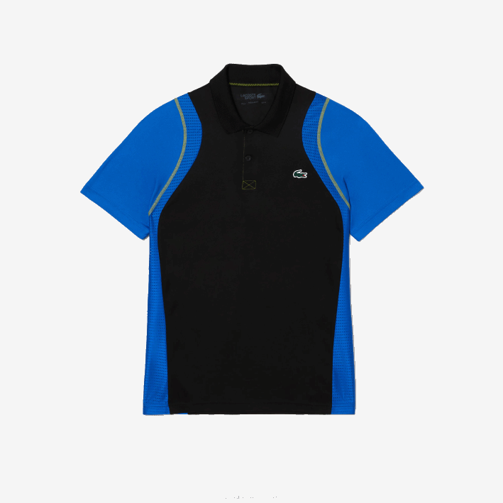 hombres Lacoste 6F2485 xis negro azul amarillo polo de tenis de poliéster reciclado