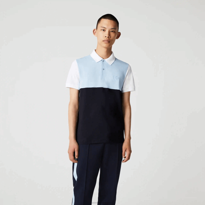 hombres Lacoste 6F24867 azul marino azul claro blanco tx4 Polo de piqué colorblock ligero y transpirable de corte regular