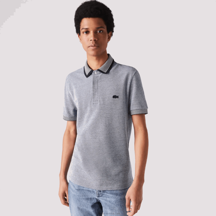 hombres Lacoste 6F24873 azul marino blanco bdv polo regular fit de algodón con acabados a rayas