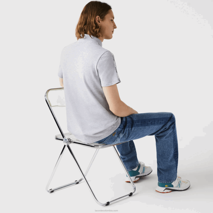 hombres Lacoste 6F24923 lomo gris cca polo de algodón elástico con bandas de la marca de corte regular