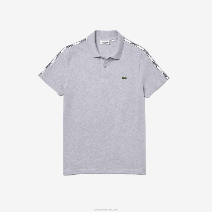 hombres Lacoste 6F24923 lomo gris cca polo de algodón elástico con bandas de la marca de corte regular