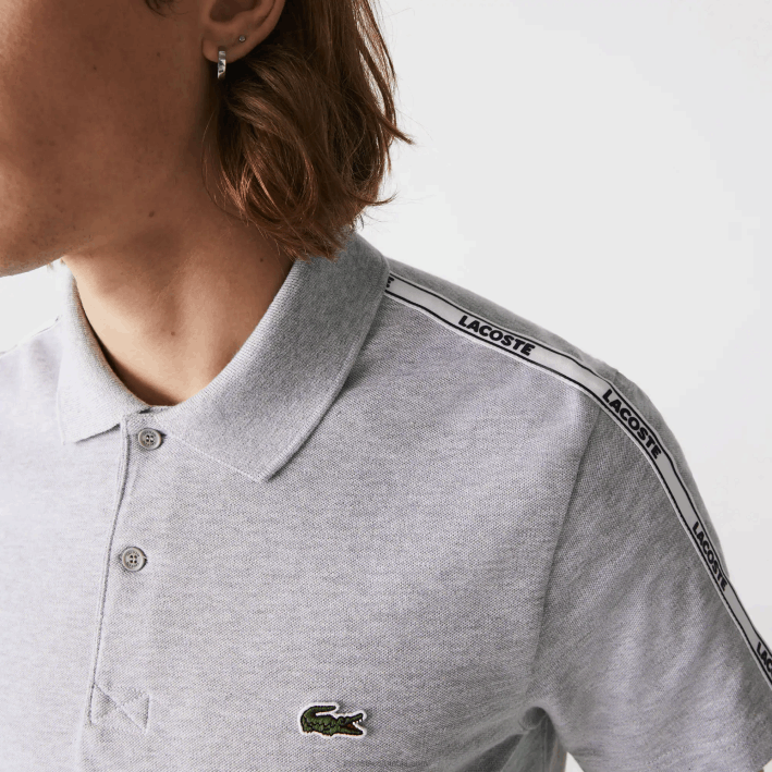hombres Lacoste 6F24923 lomo gris cca polo de algodón elástico con bandas de la marca de corte regular