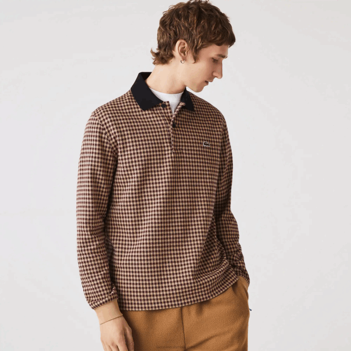 hombres Lacoste 6F24924 beige azul marino burdeos v40 polo de corte holgado con estampado de tartán