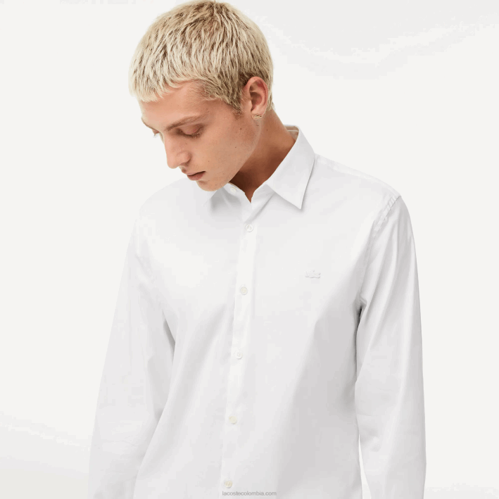 hombres Lacoste 6F241438 blanco 001 camisa slim fit de popelina de algodón con cuello francés