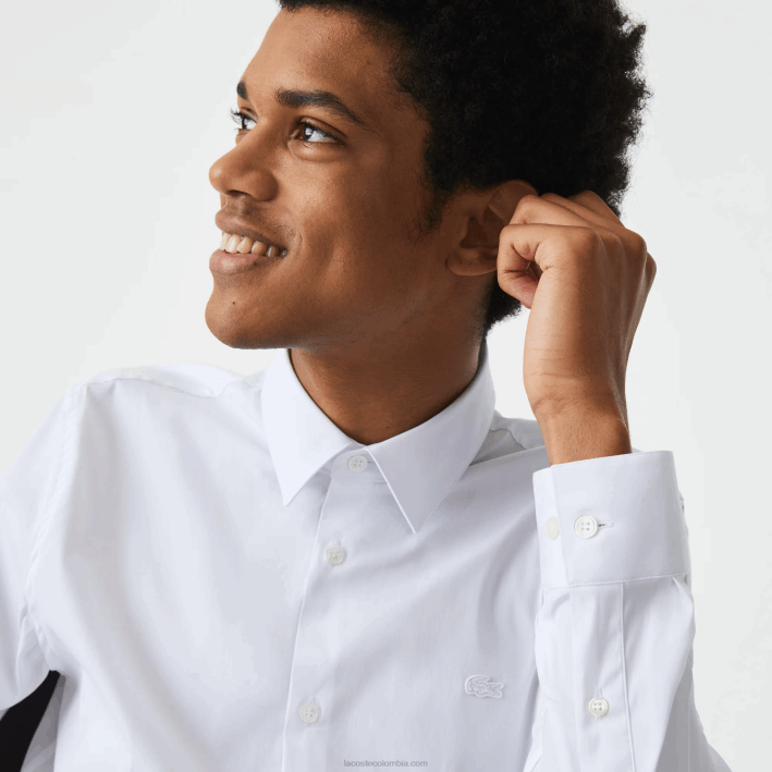 hombres Lacoste 6F241438 blanco 001 camisa slim fit de popelina de algodón con cuello francés