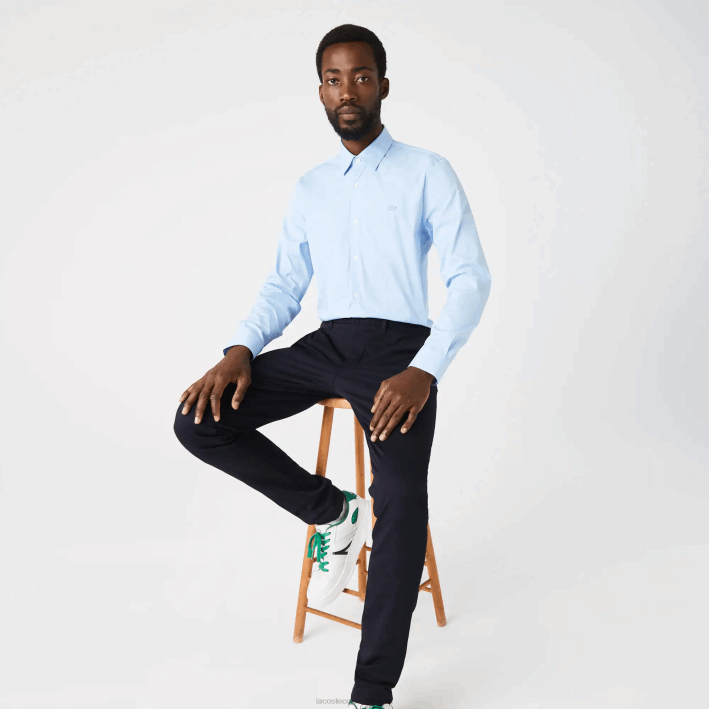 hombres Lacoste 6F241439 hbp azul camisa slim fit de popelina de algodón con cuello francés